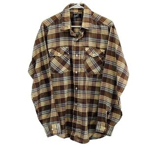 Vintage Mens L Levi's Western Shirt Button Front‎ Brown Blue Plaid Long Sleeve